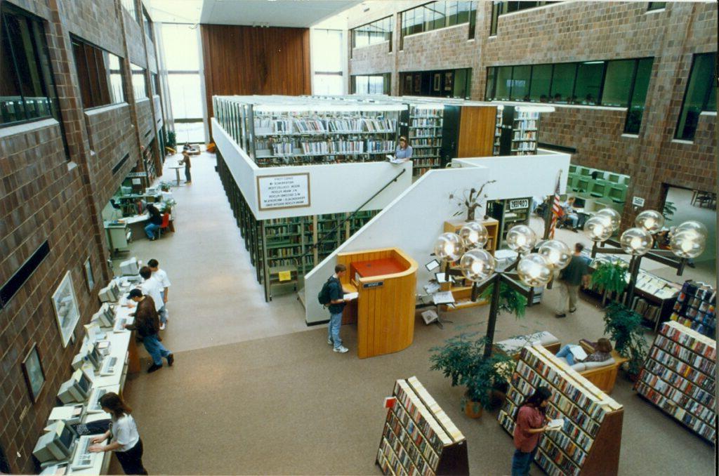 GCC Library interior aerial picture showing old location for circulating books, new books, walk-up computers, etc.